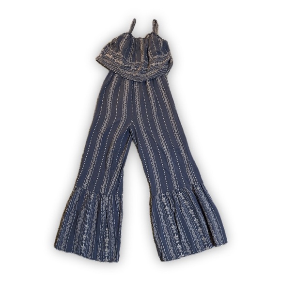 Japna Romper Wide-Leg Rayon Blue & Ivory Flowy Ruffled Jumpsuit Size L - Picture 2 of 7